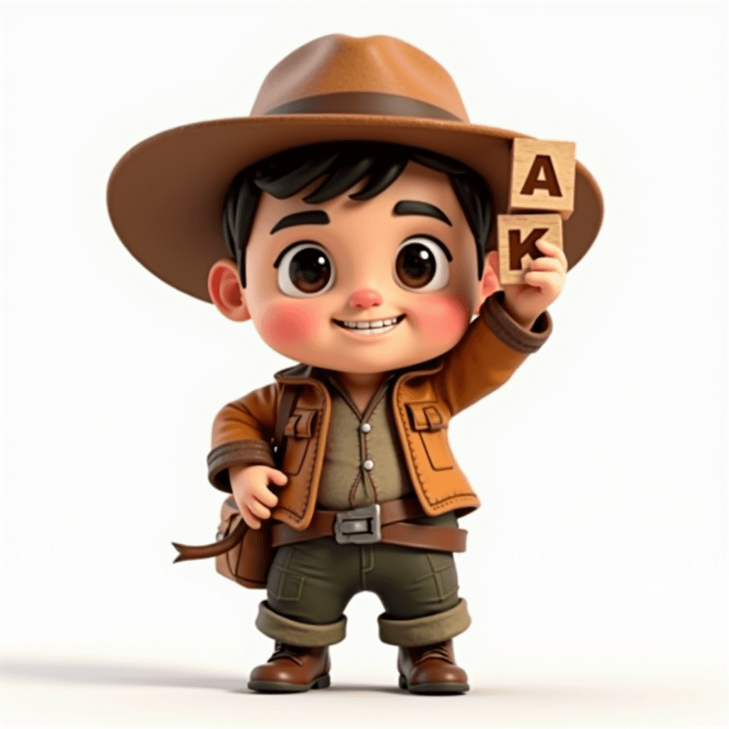 Drake the explorer holding wooden Scrabble tiles with a confident grin