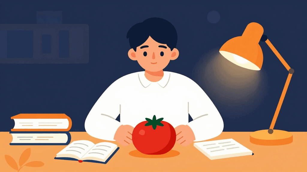 Chibi character studying at a desk with a focused expression and a timer counting down