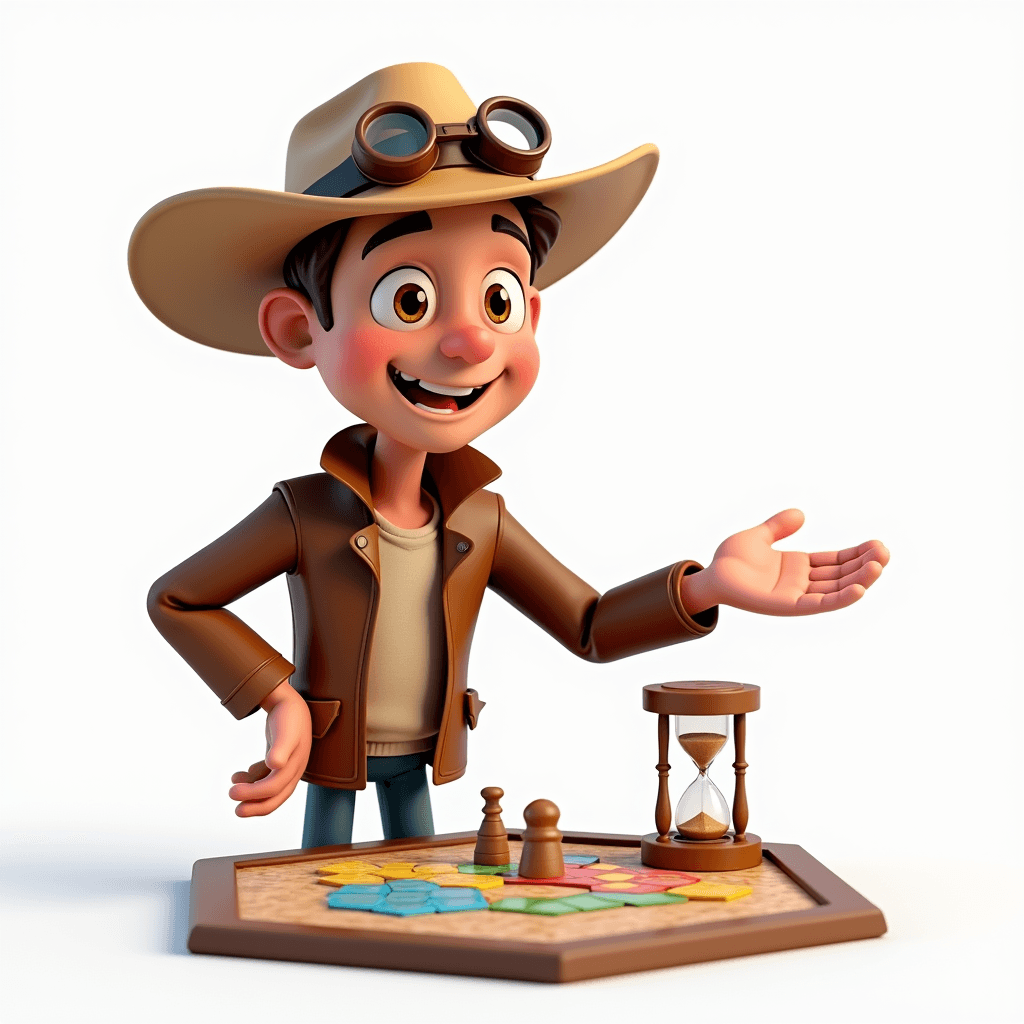 Drake the Explorer gesturing at board game hex tiles with a sand hourglass timer on the table