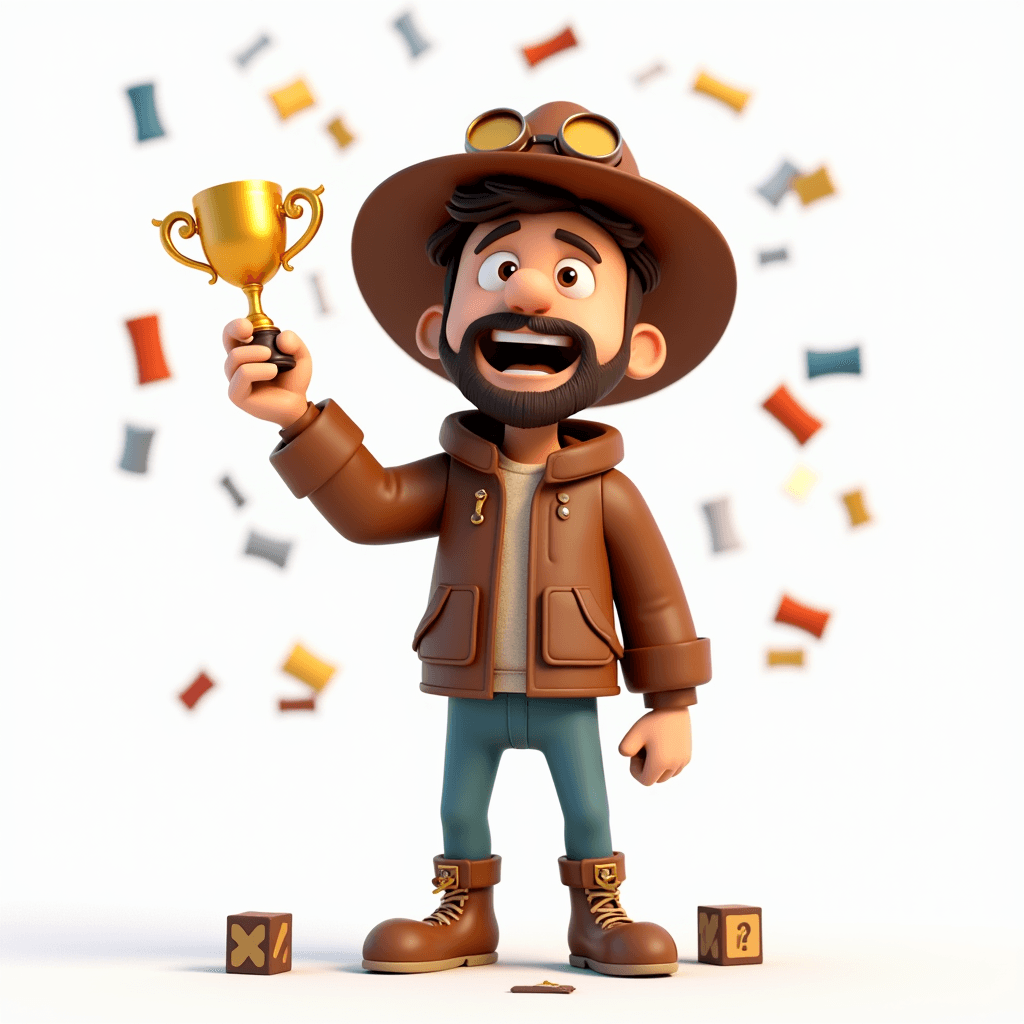 Adventure explorer character holding a trophy surrounded by confetti and board game pieces