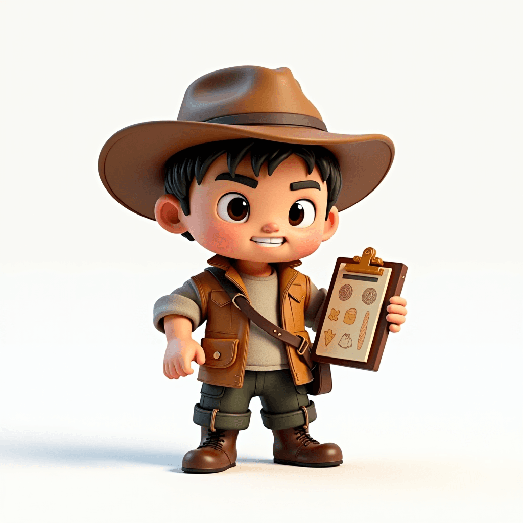 Drake the Explorer holding a clipboard with a chart of different pasta shapes and their cook times