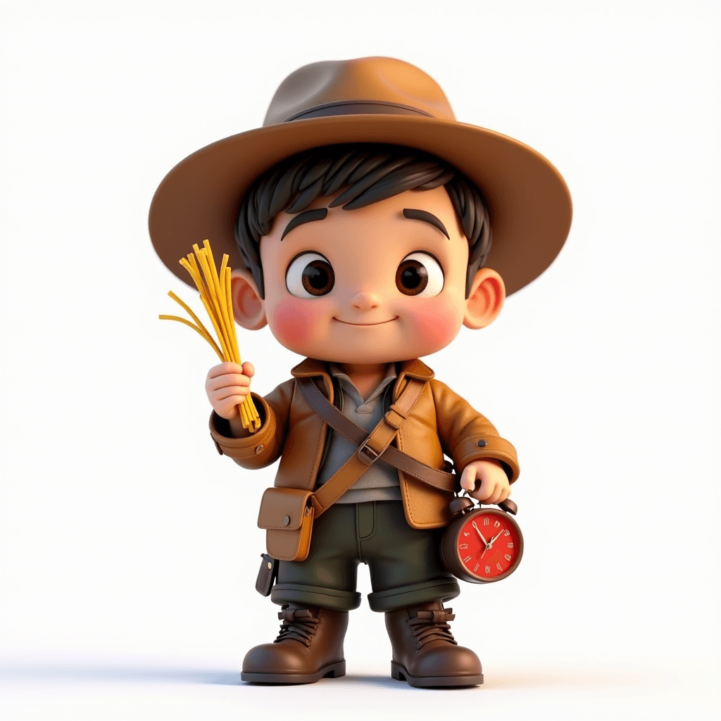 Drake the Explorer holding a strand of spaghetti up to inspect it with a kitchen timer in hand