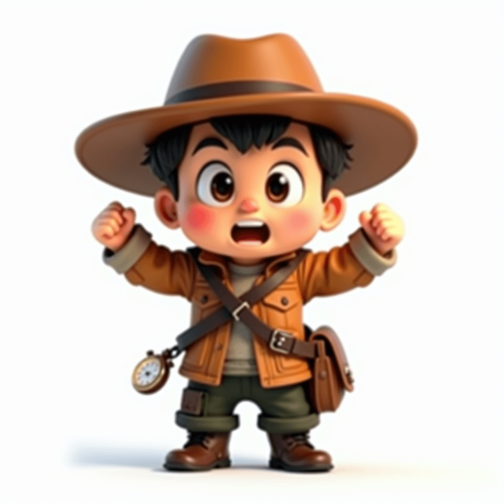 Drake the Explorer with a determined expression pointing forward, stopwatch in hand, chibi style