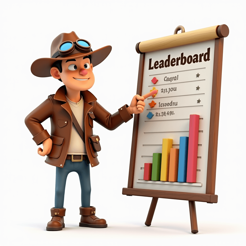 Adventure explorer character pointing at a colorful leaderboard chart showing player rankings