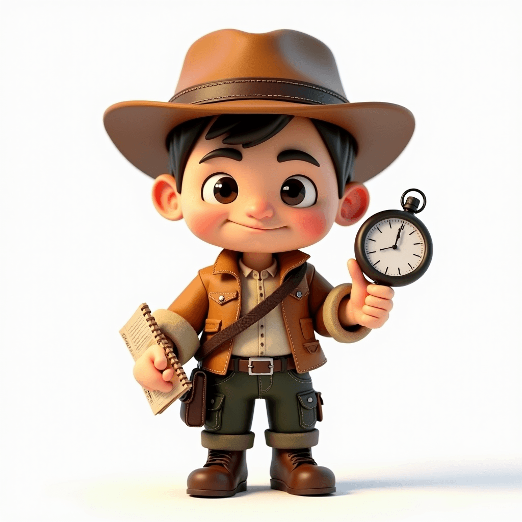 Drake the Explorer holding a large round stopwatch and a spiral rehearsal notebook during timed presentation practice