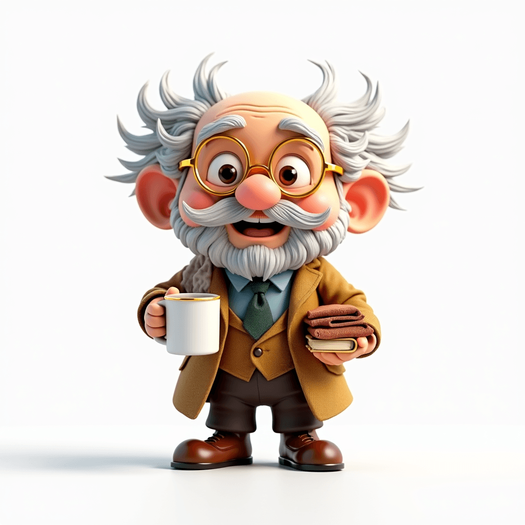Prof the Ancient Scholar holding a coffee mug and folded clothes ready for a structured morning