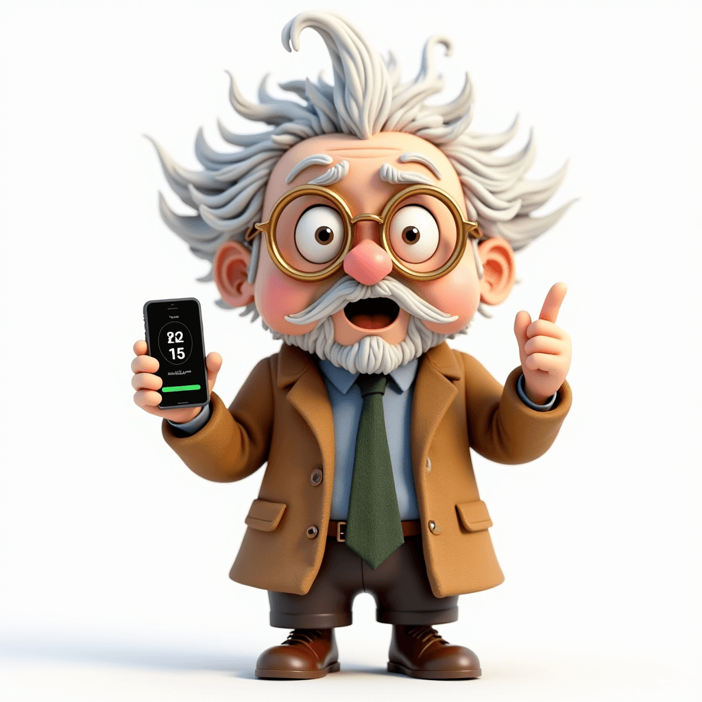 Prof the Ancient Scholar holding a smartphone showing a countdown timer for ADHD morning routine