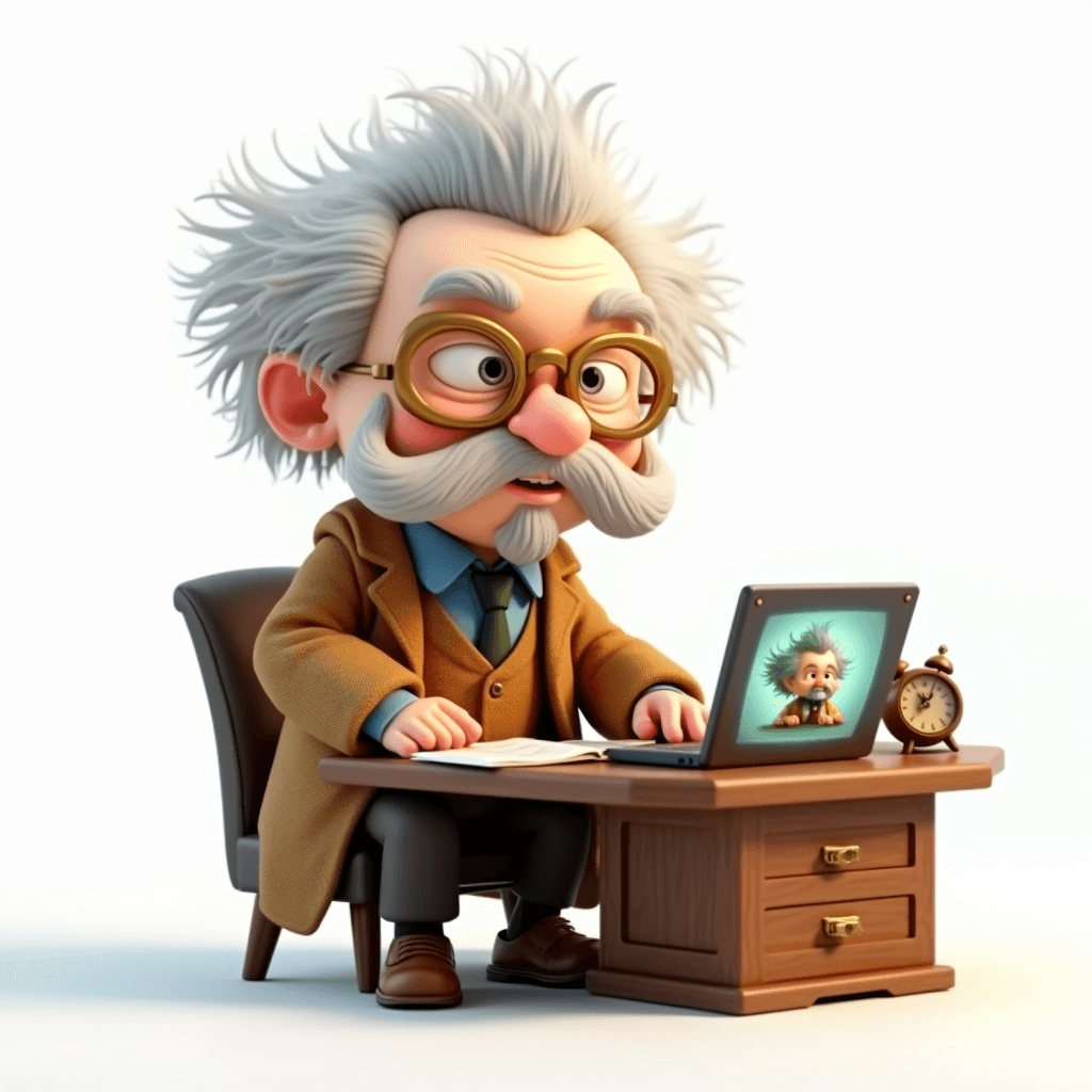 Prof the Ancient Scholar sitting at a desk with a laptop showing a video call, a countdown timer beside him, working in a focused body doubling session