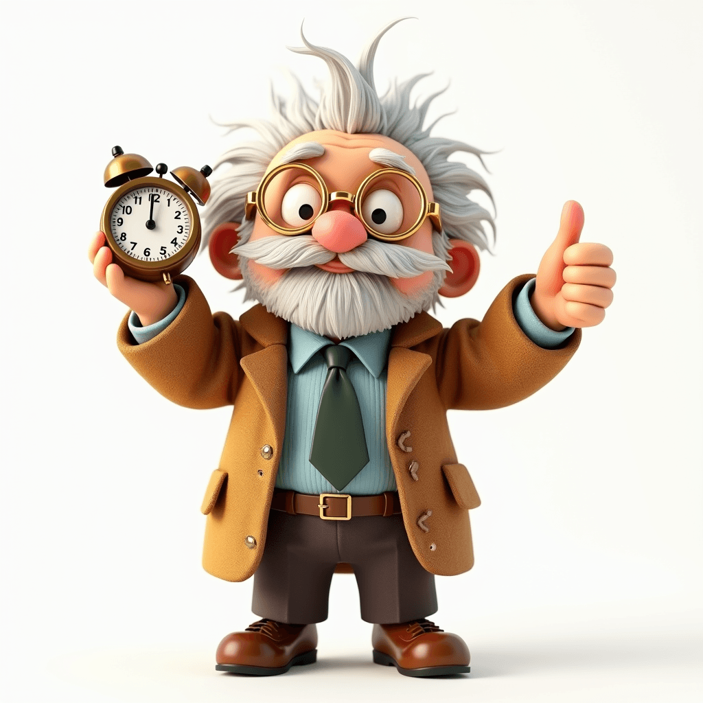 Prof the Ancient Scholar holding a countdown timer triumphantly, celebrating a successful focused work session