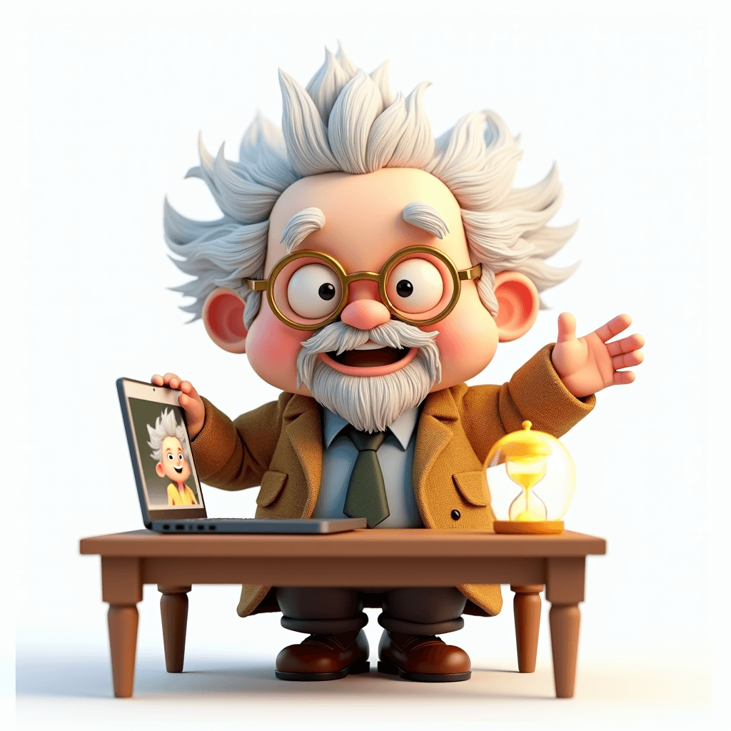 Prof the Ancient Scholar waving at a laptop video call screen with a timer on the desk, setting up a virtual body doubling session