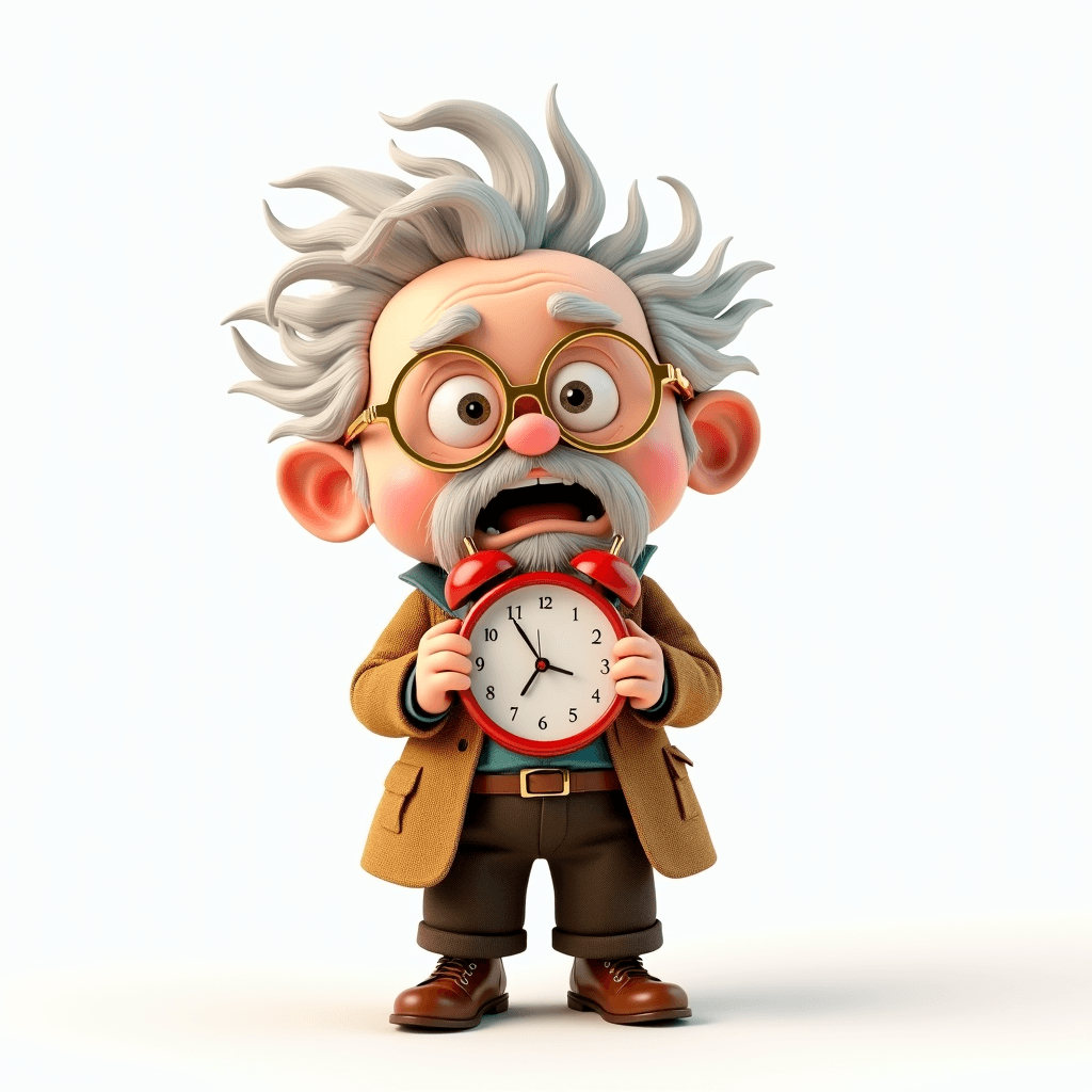 Prof the Ancient Scholar holds a large red alarm clock looking startled as it rings