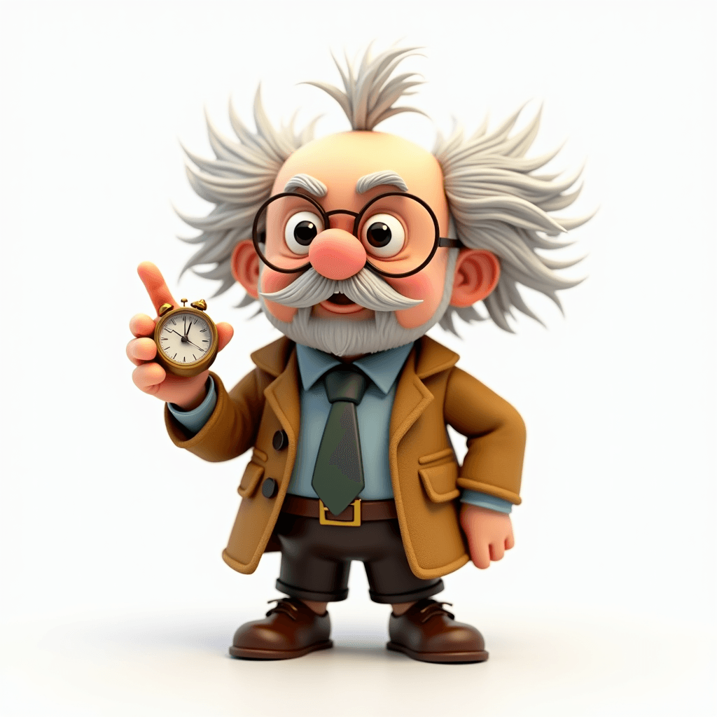 Prof the Ancient Scholar holds up a small countdown timer with a confident knowing smile