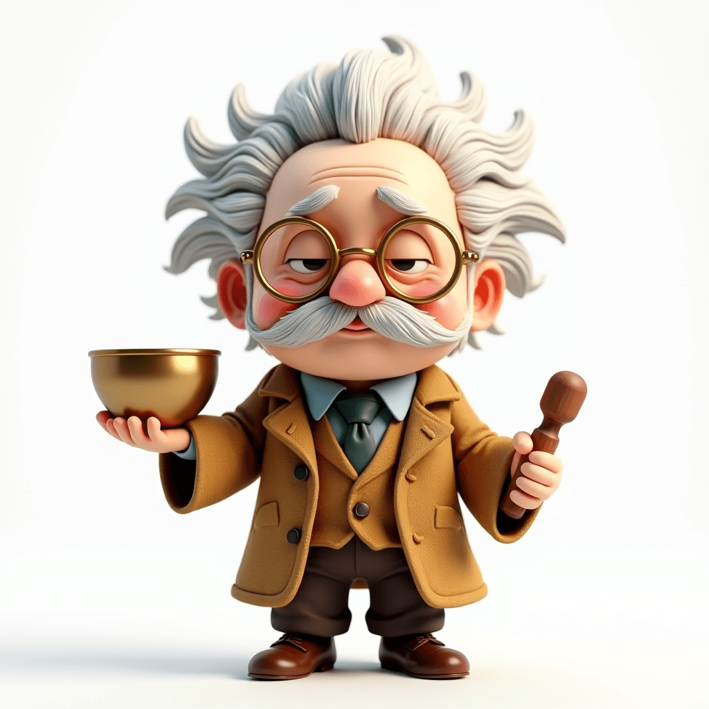 Prof the Scholar holding a golden singing bowl and mallet for meditation timing