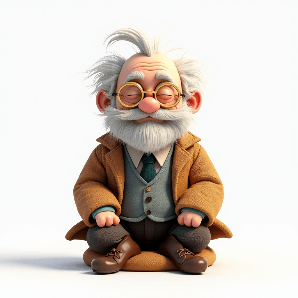 Prof the Scholar sitting cross-legged in a peaceful meditation pose on a small cushion