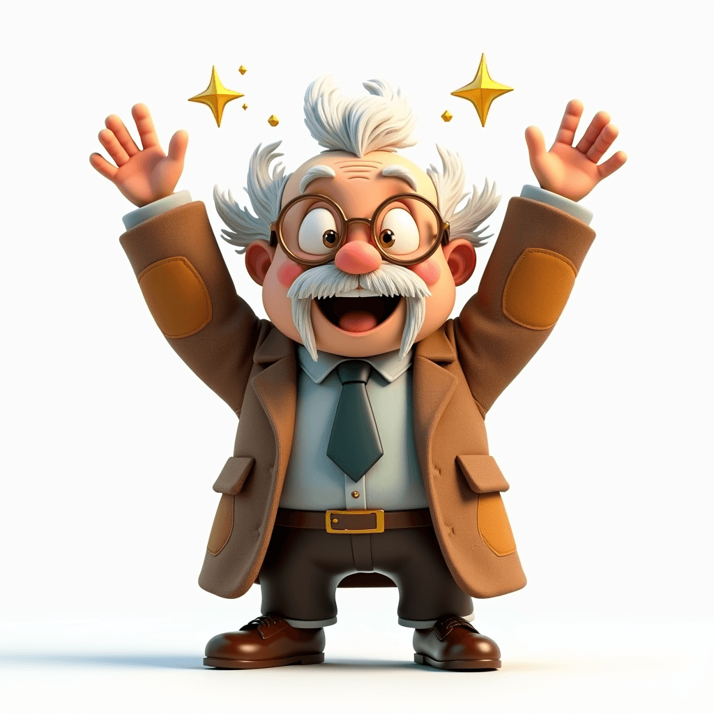 Prof the Ancient Scholar with arms raised triumphantly and sparkling wide eyes full of morning energy and joy