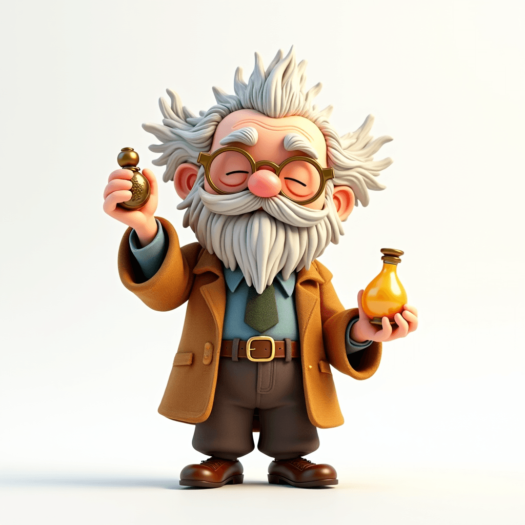 Prof the Ancient Scholar holding a glowing pocket watch and hourglass with eyes closed in serene morning meditation