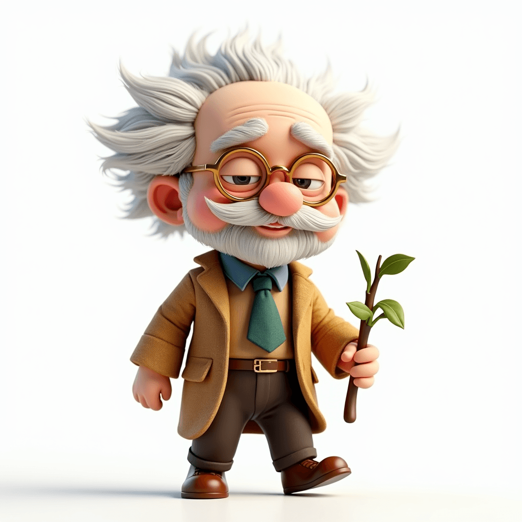 Prof the Scholar walking mindfully with a leafy green branch, demonstrating a walking meditation stride