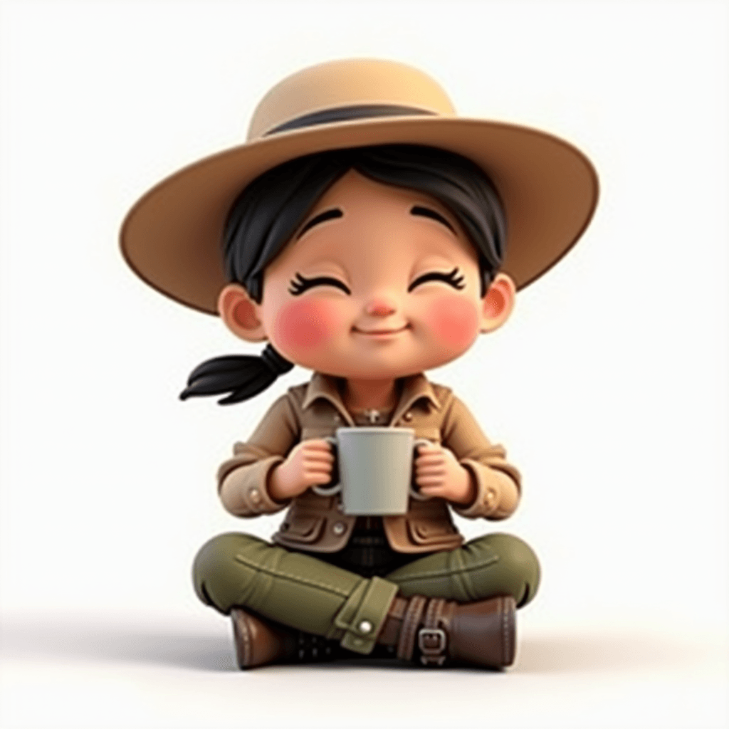 Scout the Archaeologist sitting cross-legged with a cup of coffee, taking a proper 17-minute break