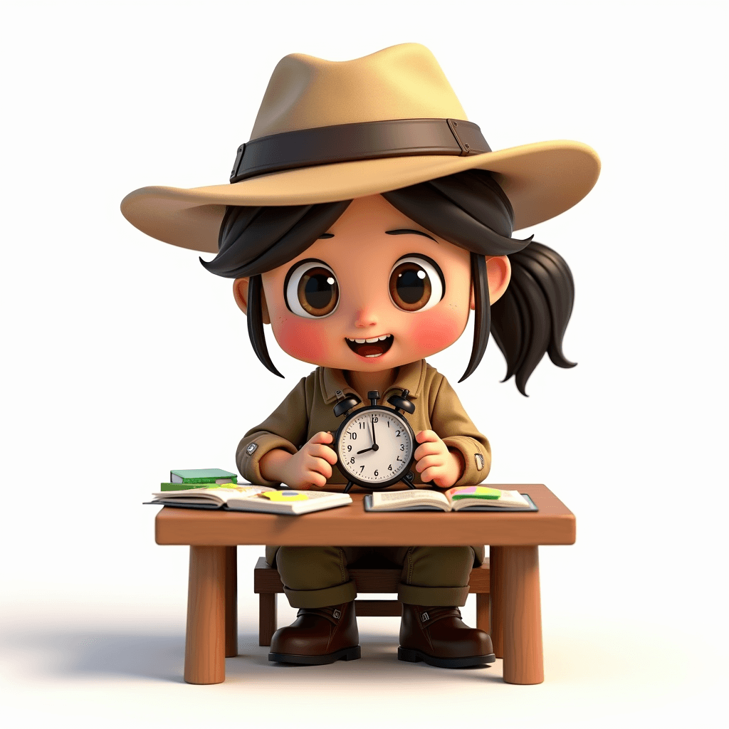 Scout the Archaeologist sitting at a desk with textbooks, focused on a large round timer