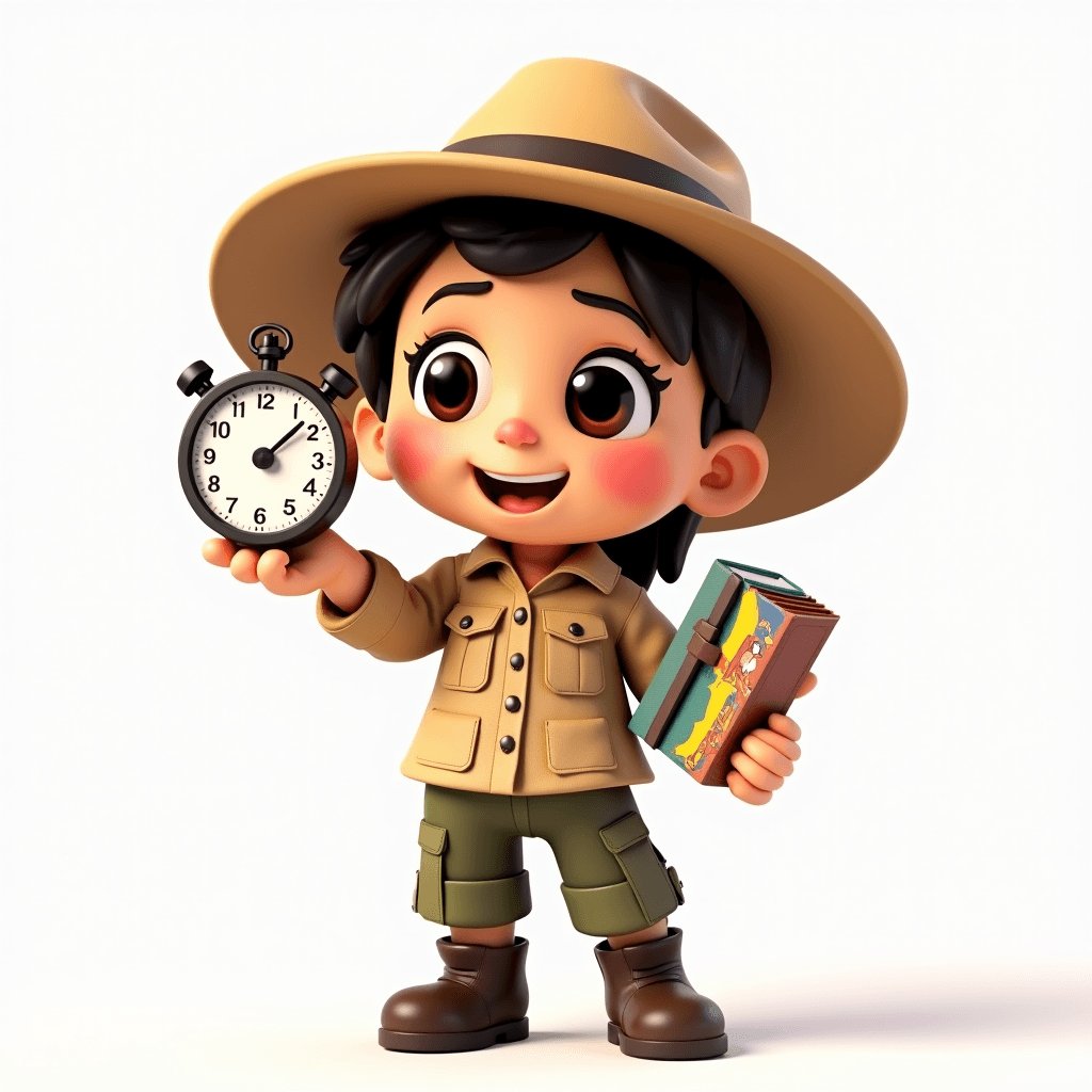Scout the Archaeologist holding a stopwatch and study planner, ready to begin a 52-minute study session