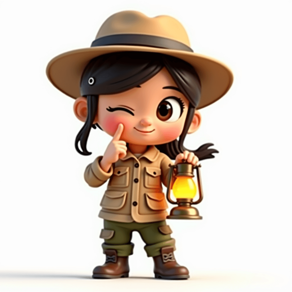 Scout the Archaeologist holding a finger to her lips in a shushing gesture while holding a lantern