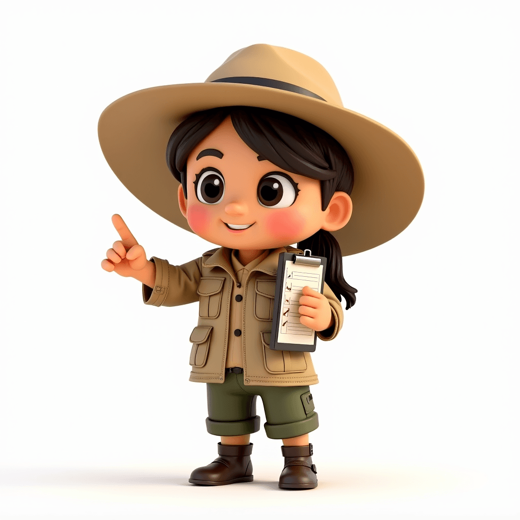 Scout the Archaeologist holding a clipboard with test papers and pointing at a wall clock