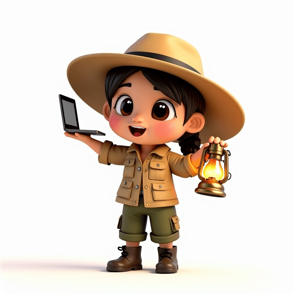 Scout the Archaeologist holding a laptop displaying a live timer widget on screen