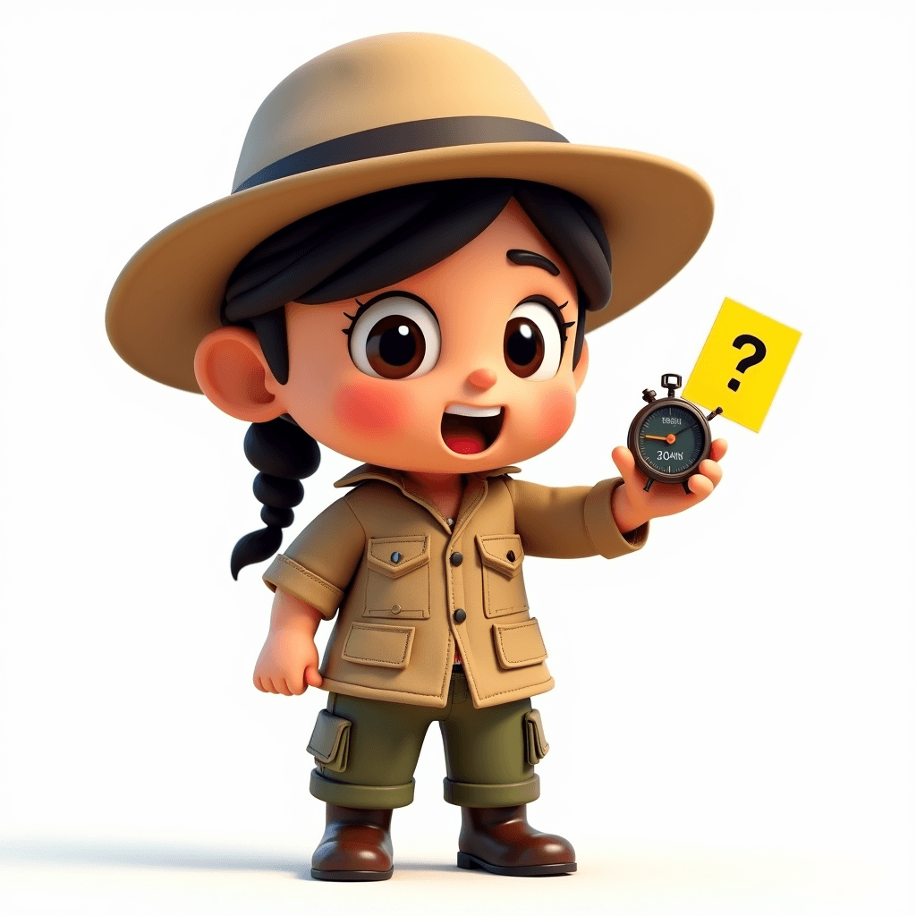Scout the Archaeologist holding a countdown timer and a single flashcard, demonstrating timed active recall