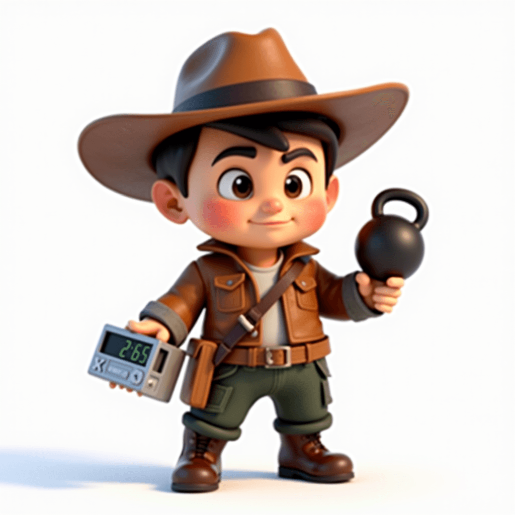 Scout holding a steaming coffee mug and a tomato Pomodoro timer — focus session ready