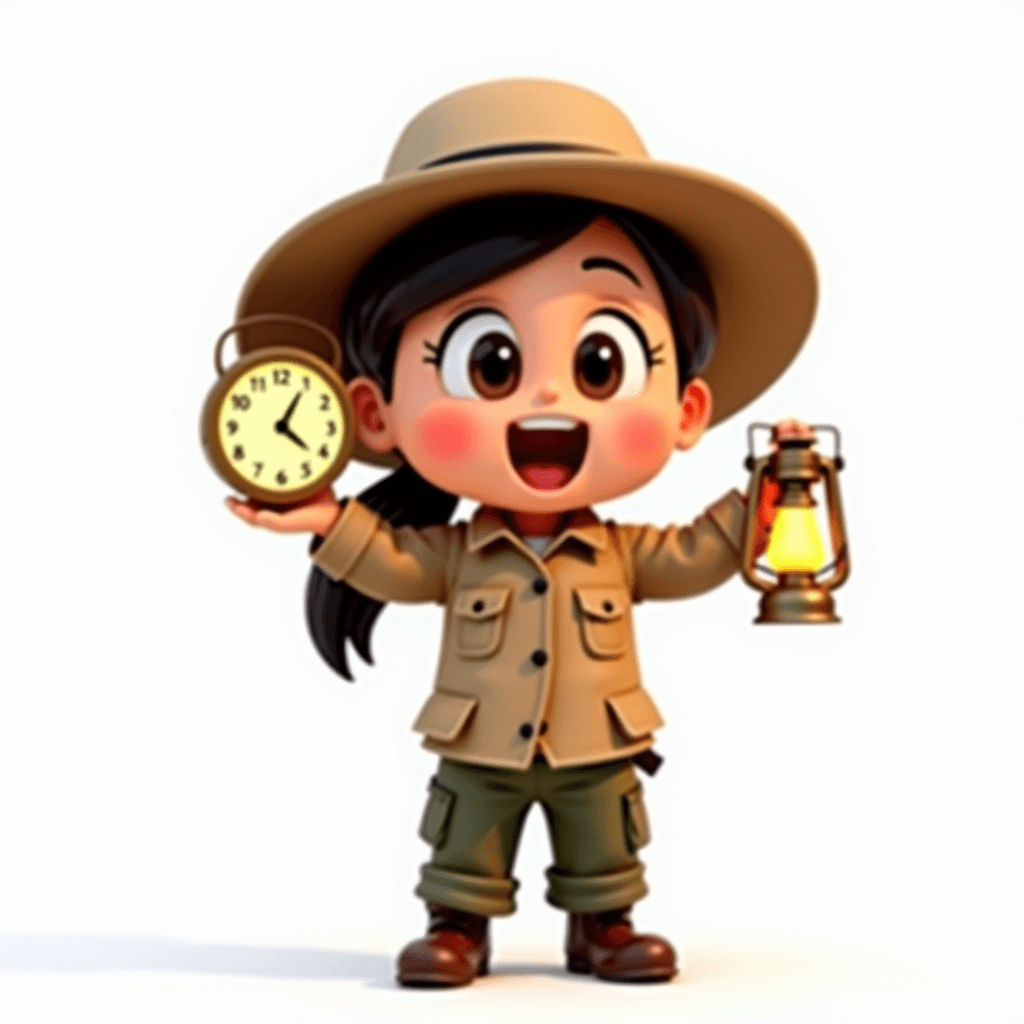 Scout the Archaeologist holding a large classroom countdown timer with an excited expression