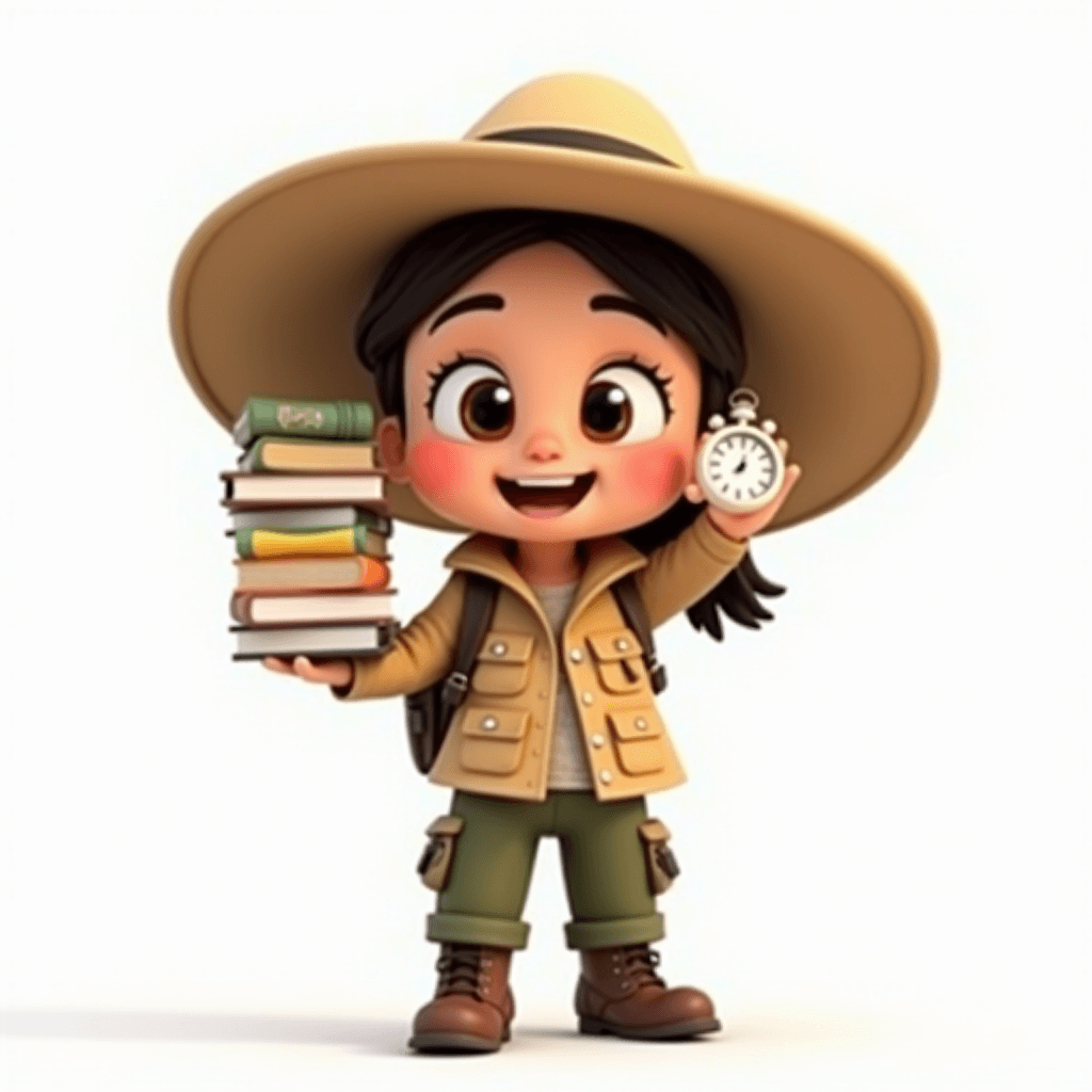 Scout the Archaeologist holding textbooks and a stopwatch, ready for a focused study session