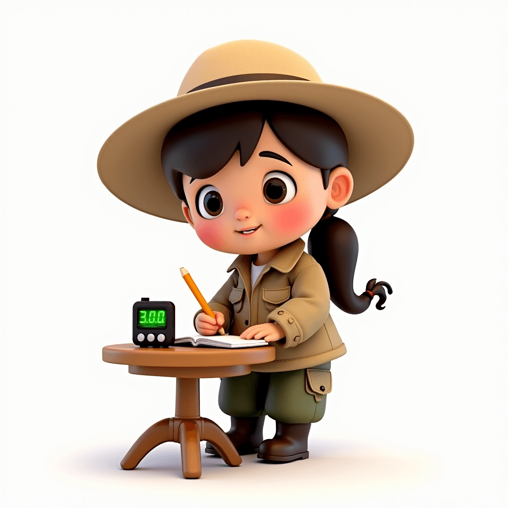 Scout the Archaeologist sitting at a desk writing notes with a countdown timer beside her
