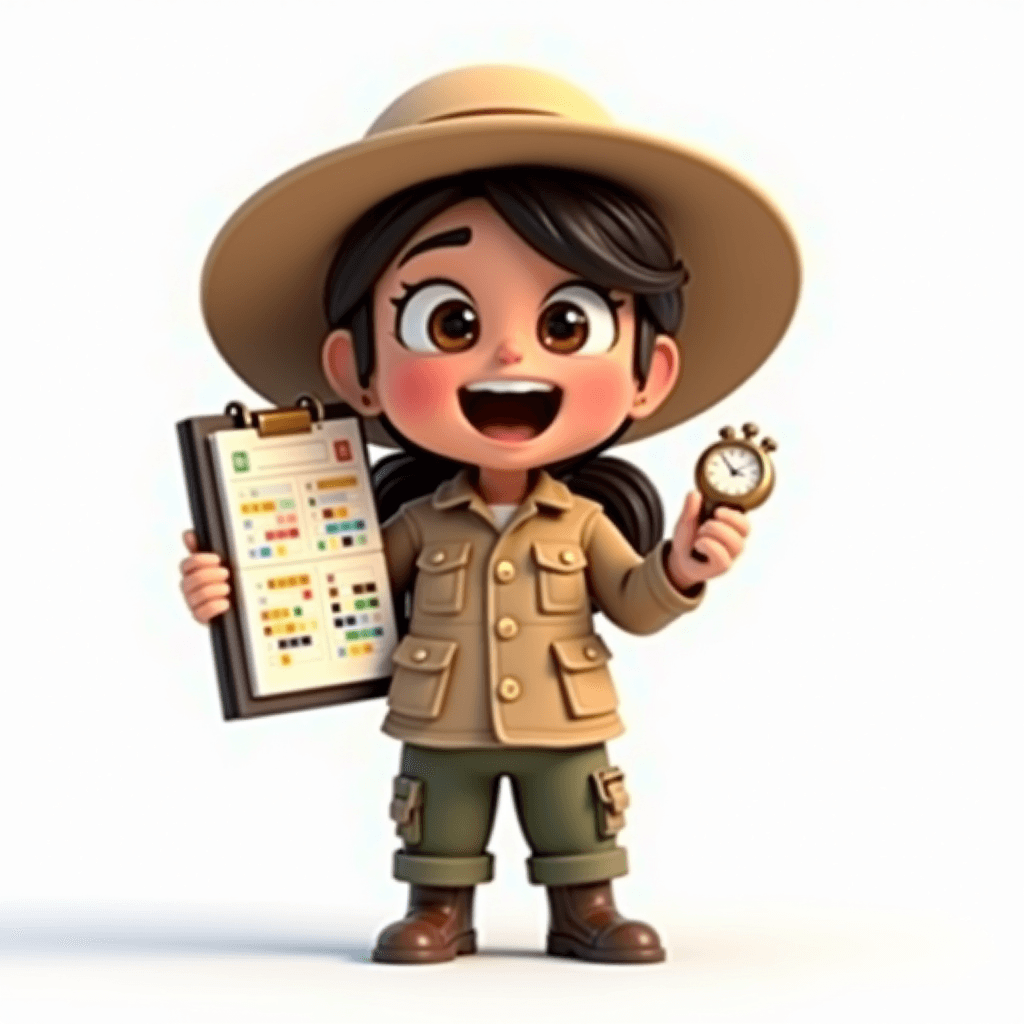Scout the Archaeologist chibi character holding a colour-coded daily planner and a golden stopwatch