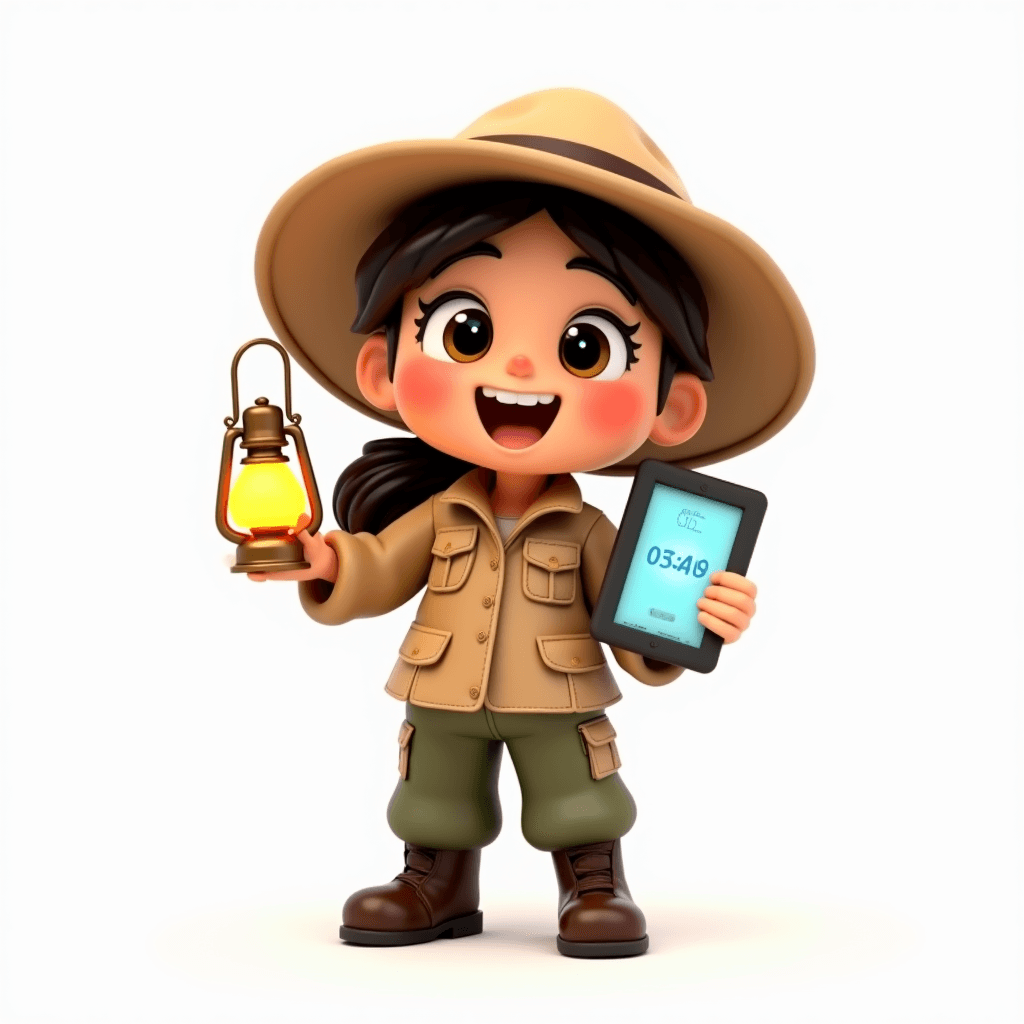 Scout the Archaeologist holding a tablet showing a live countdown timer embedded on a webpage