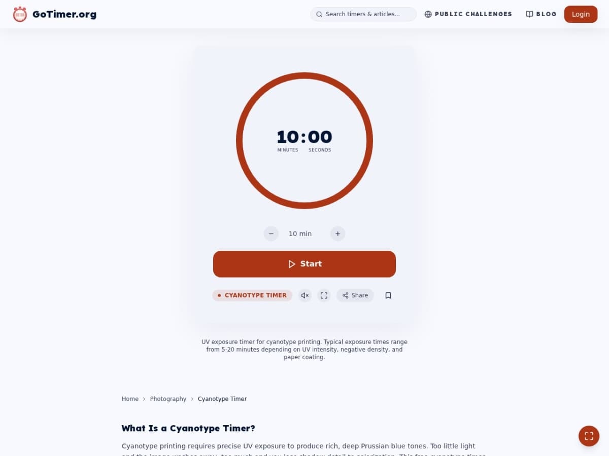 GoTimer Cyanotype Timer showing a circular countdown displaying 10:00 with plus and minus buttons for duration adjustment