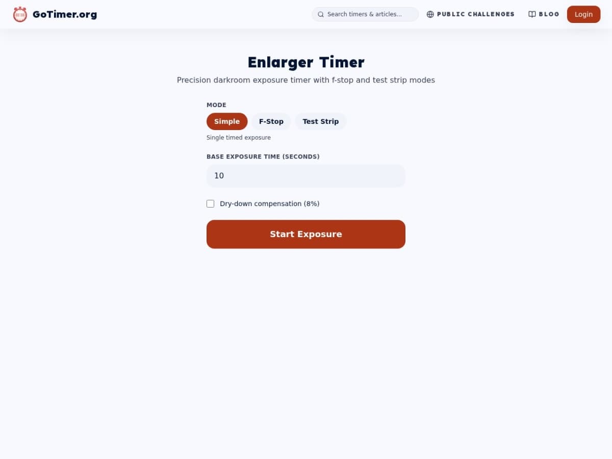 GoTimer Enlarger Timer in Simple mode with base exposure time of 10 seconds and optional dry-down compensation toggle