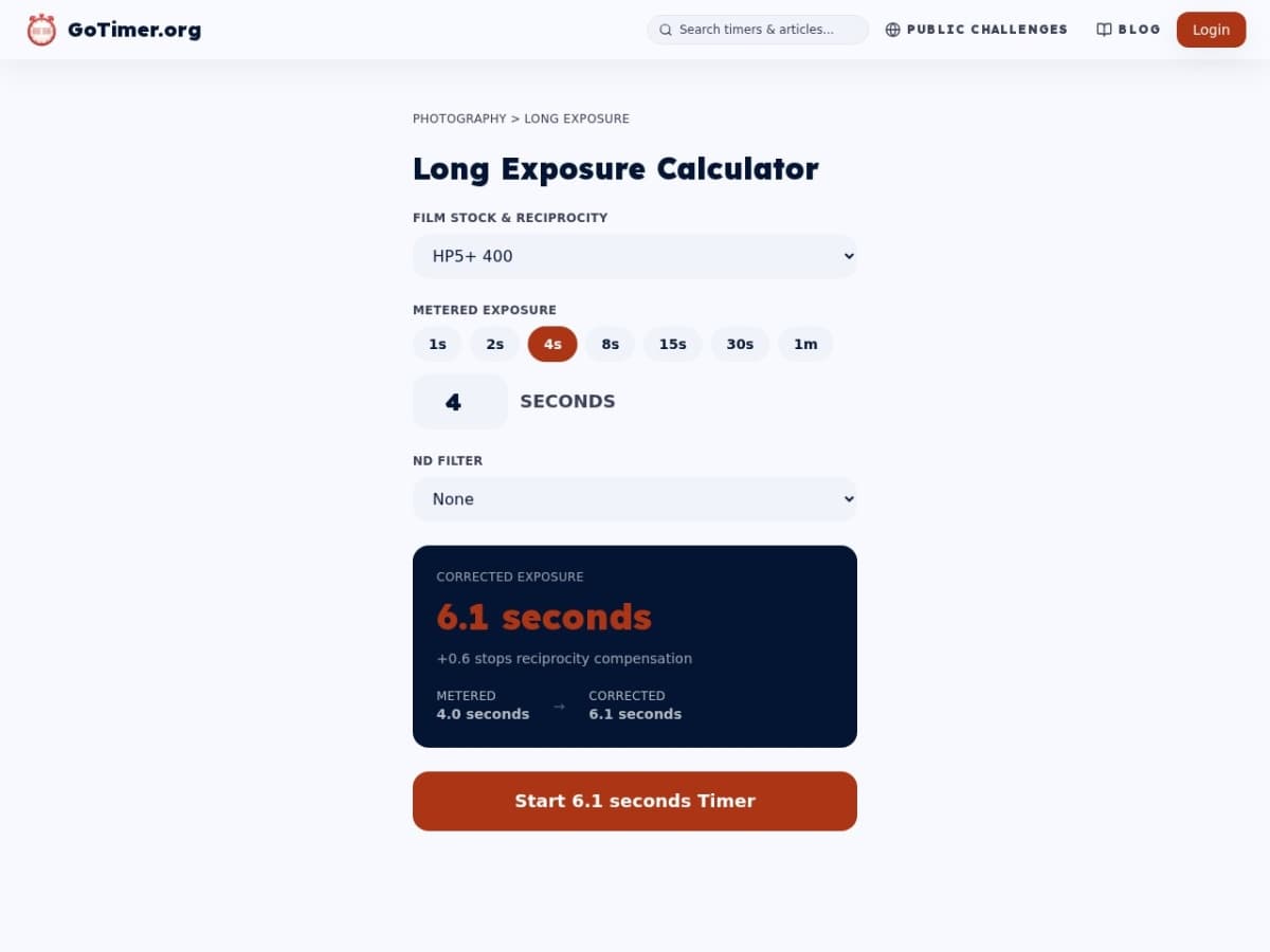 GoTimer Long Exposure Calculator showing HP5+ 400 film stock, metered exposure of 4 seconds, corrected to 6.1 seconds with +0.6 stops compensation