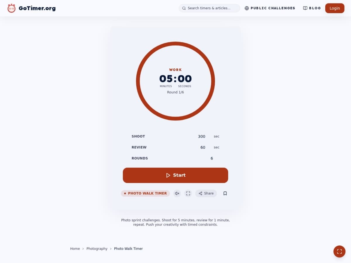 GoTimer Photo Walk Timer showing WORK mode with 05:00 countdown, Round 1 of 6, with Shoot 300 sec, Review 60 sec, Rounds 6 configuration