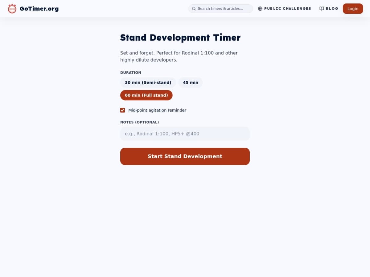 GoTimer Stand Development Timer with duration options: 30 min semi-stand, 45 min, and 60 min full stand, with mid-point agitation reminder checkbox
