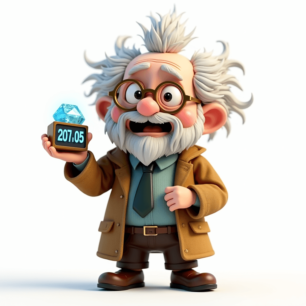 Prof the Ancient Scholar holding a breathing countdown timer and ice crystal, demonstrating the Wim Hof breathing technique