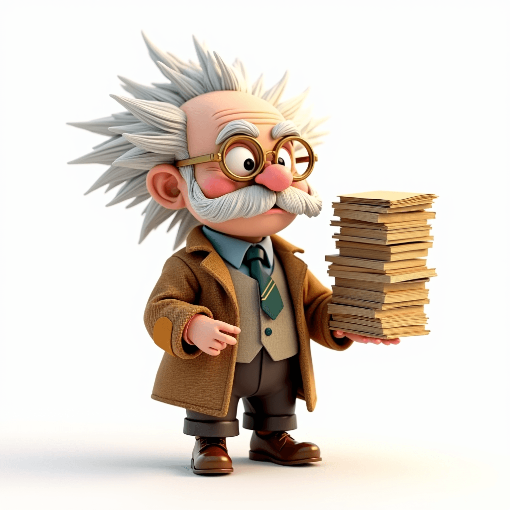 Prof the Ancient Scholar chibi character at a tidy desk with a countdown timer running and a sticky note with a task written on it