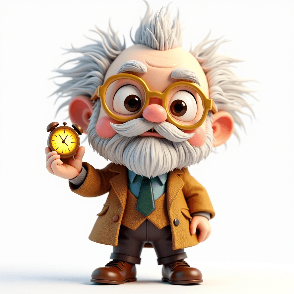 Prof the Ancient Scholar chibi character holding a countdown timer with a determined expression ready to begin a task
