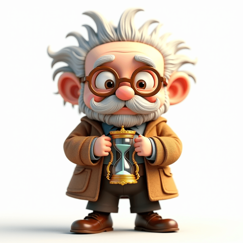 Prof the Scholar holding a golden hourglass with blue sand flowing calmly