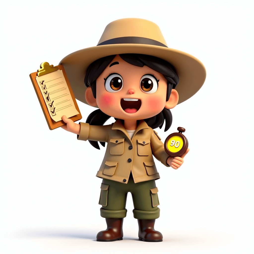 Scout the Archaeologist holding a completed task list clipboard triumphantly with a 90-minute stopwatch in her other hand