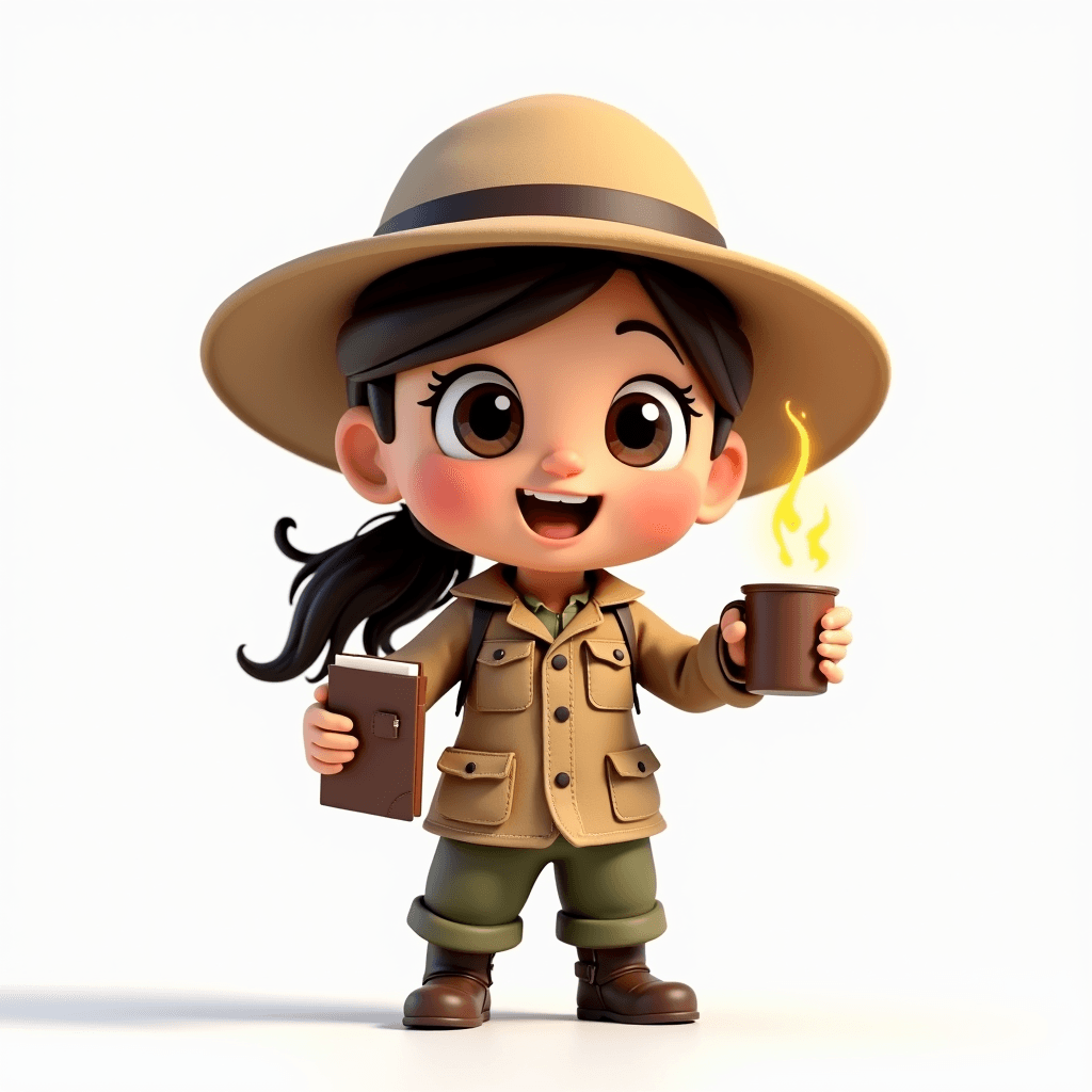 Scout the Archaeologist holding a glowing field notebook with deep work notes and a steaming coffee mug