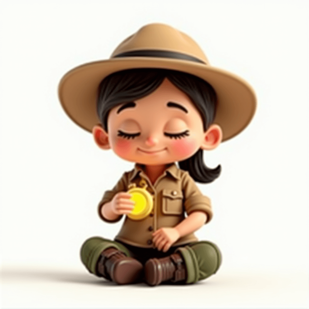 Scout the Archaeologist sitting peacefully cross-legged in rest with a pocket watch, representing cognitive recovery after deep work