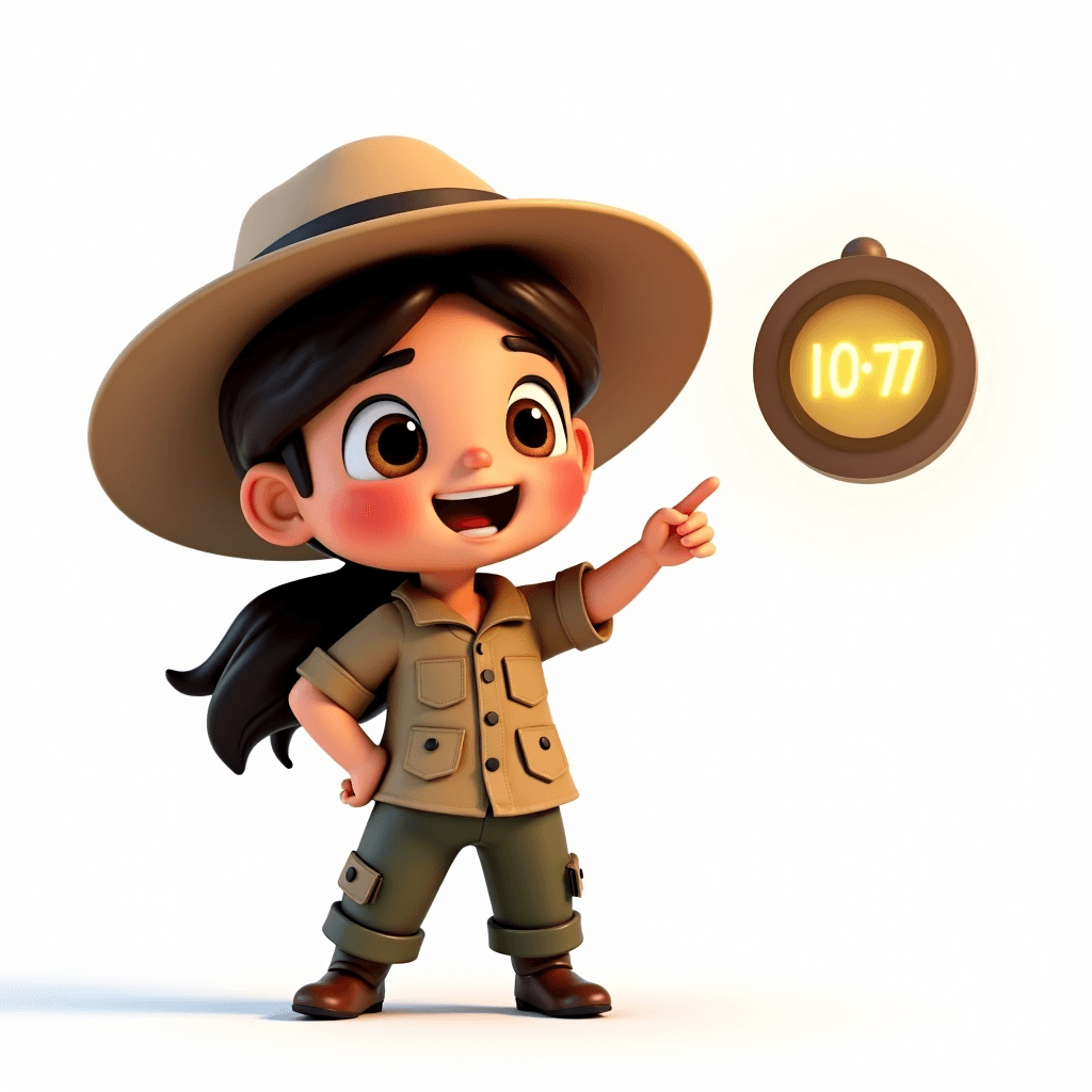 Scout the Archaeologist pointing at a large glowing timer display, keeping a study group on schedule